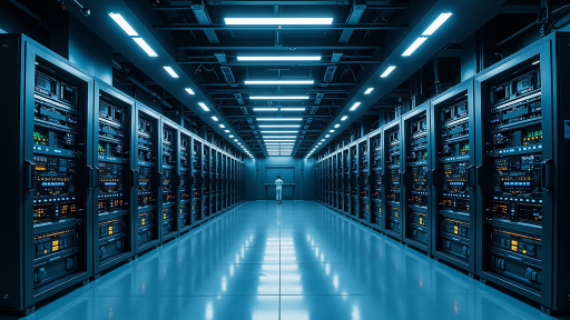 大数据分析中心，多台服务器机柜整齐排列，蓝色LED指示灯闪烁，技术人员正在监控系统状态