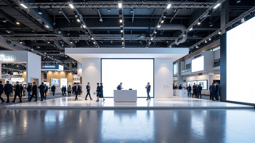 互联网解决方案展示会现场，工作人员正在演示产品功能，客户认真听取介绍，展台布置专业